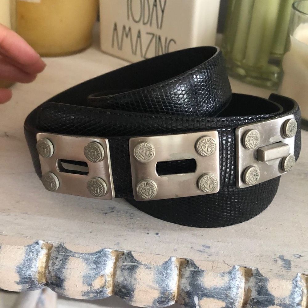 Cale Black genuine lizard belt with silver hardware size 36